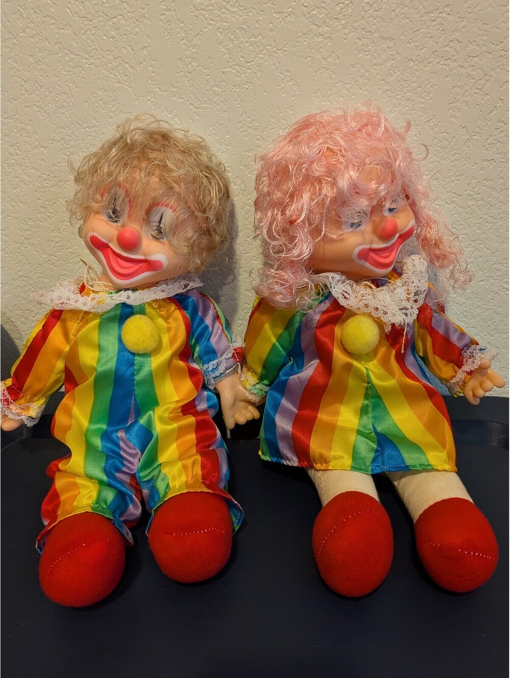 Vintage 1986 DRTM Rainbow Clown Dolls Pair boy and girl pink hair made in Taiwan